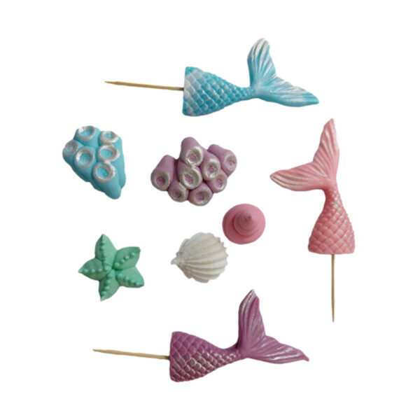 Decorațiuni comestibile din zahăr/Topper – Set Marin – scoici, sirene, stele de mare, corali – 8buc