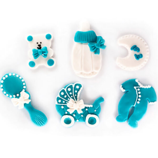 Decorațiune comestibilă din zahăr – Set botez bebe premium albastru – 6buc.