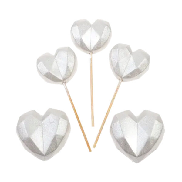 Decorațiuni comestibile din zahăr/topper - Set inimi argintii diamantate- Premium – 5buc